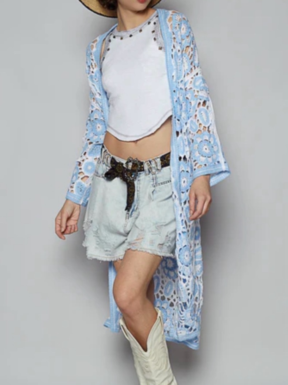 POL Crochet Duster Cardigan Boho Floral Open Knit Kimono OS NWT